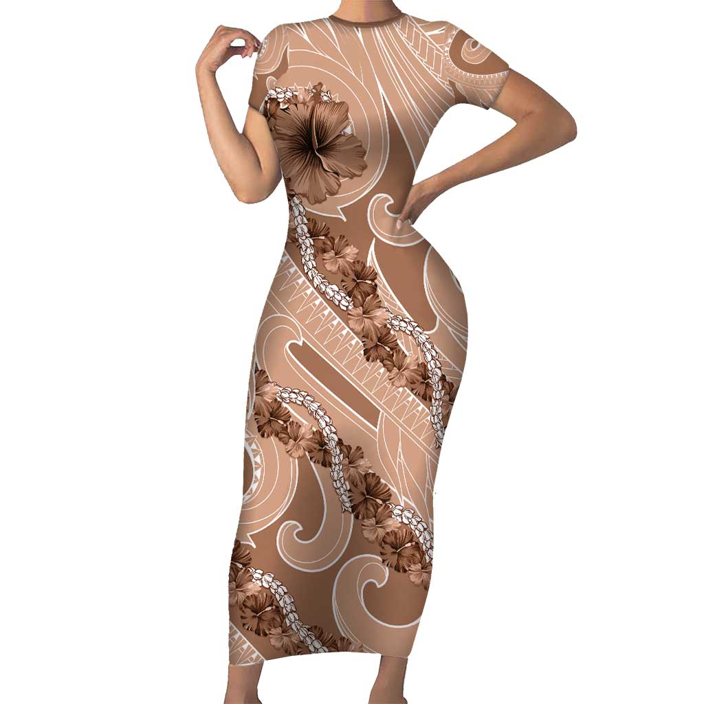 Hawaii Brown Hibiscus Pikake Lei Family Matching Short Sleeve Bodycon Dress and Hawaiian Shirt - Polynesian Pride