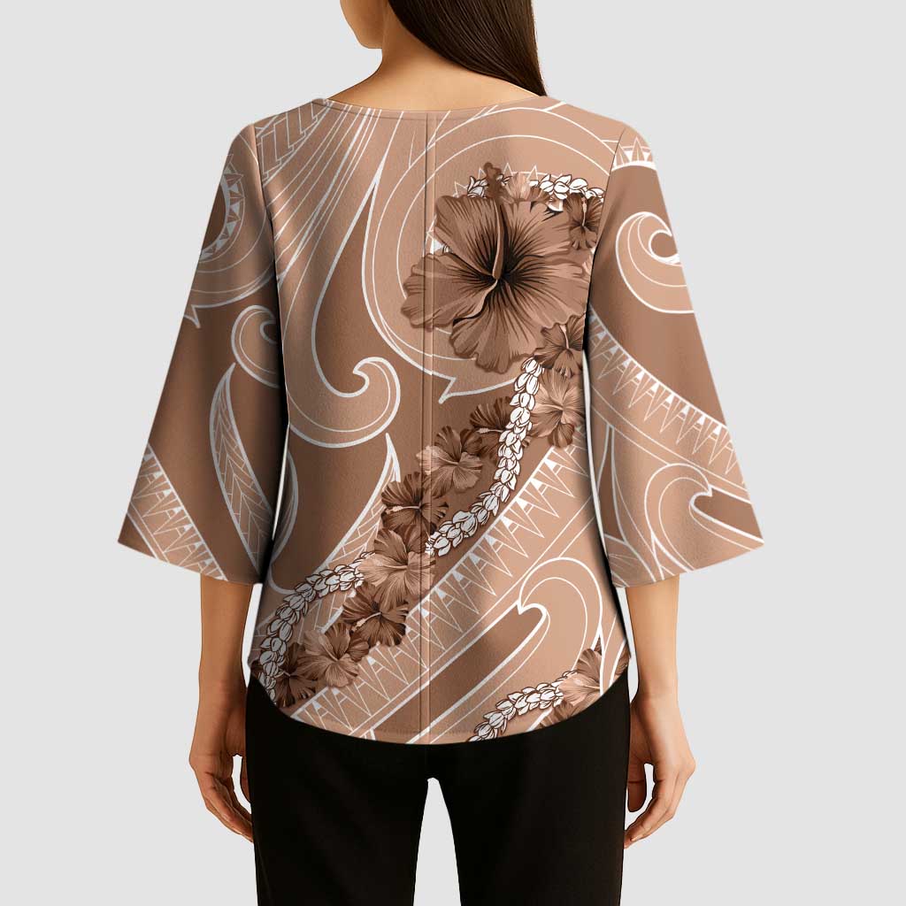 Hawaii Brown Hibiscus Pikake Lei Kimono Sleeve Blouse - Polynesian Pride