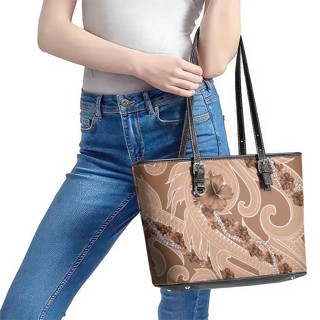 Hawaii Brown Hibiscus Pikake Lei Leather Tote Bag - Polynesian Pride
