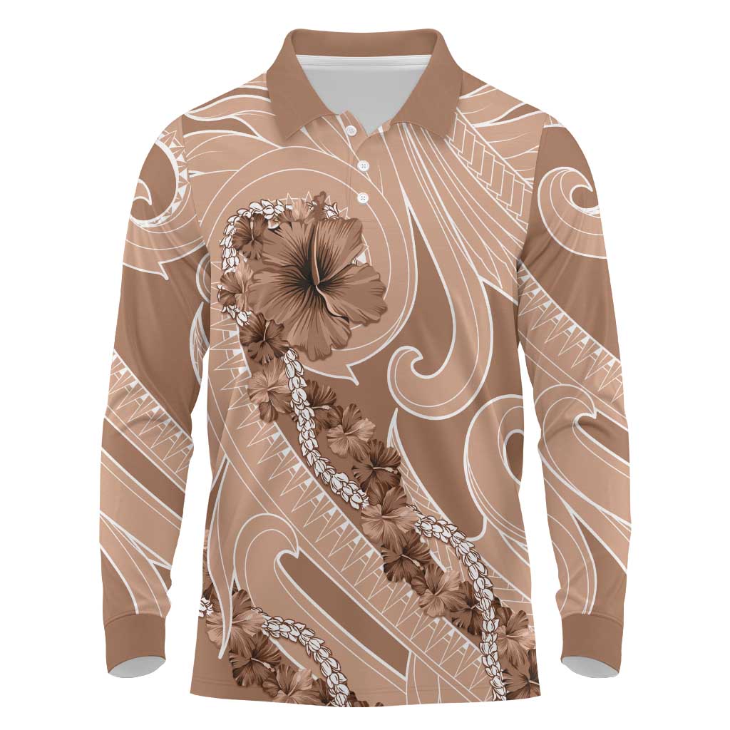 Hawaii Brown Hibiscus Pikake Lei Long Sleeve Polo Shirt - Polynesian Pride