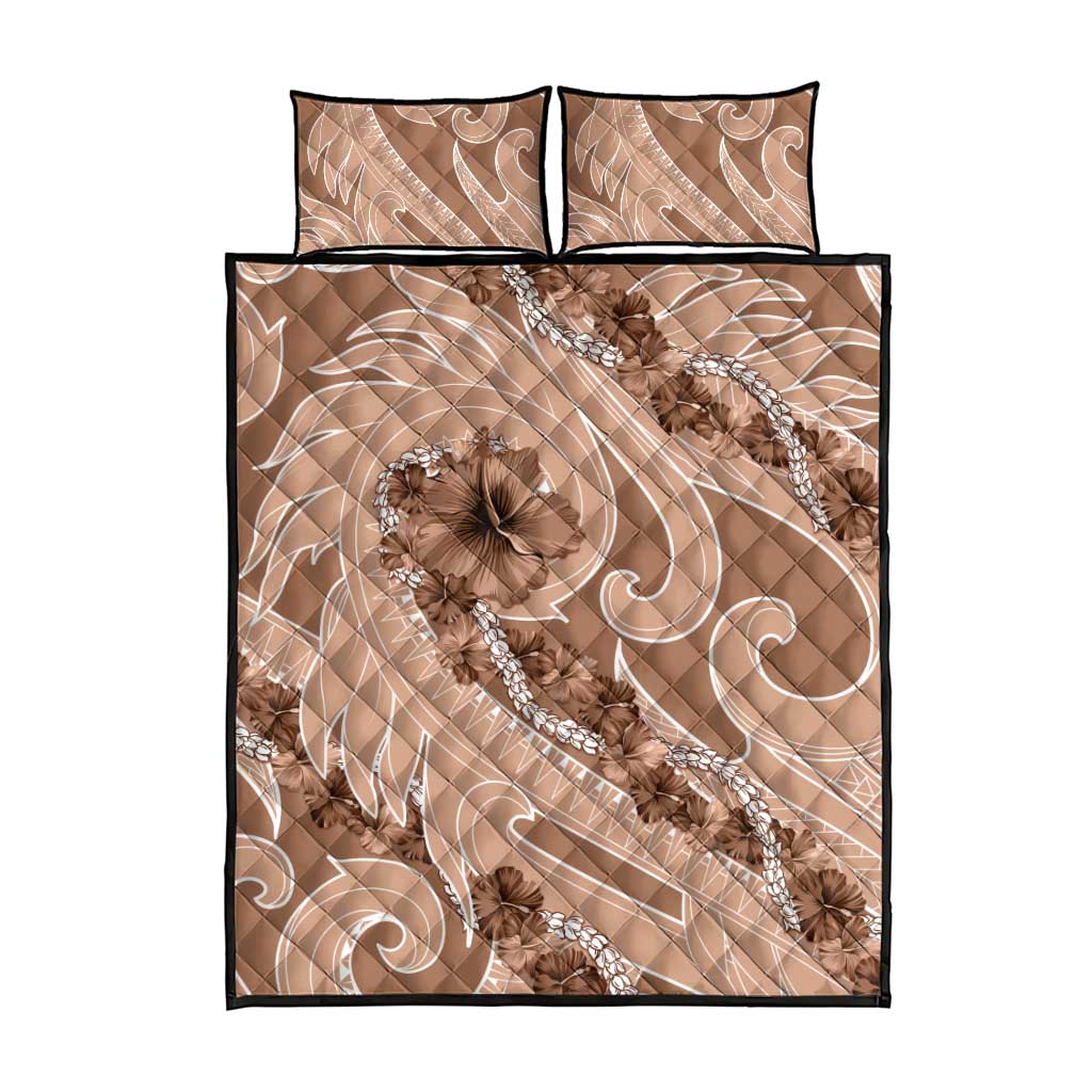 Hawaii Brown Hibiscus Pikake Lei Quilt Bed Set - Polynesian Pride