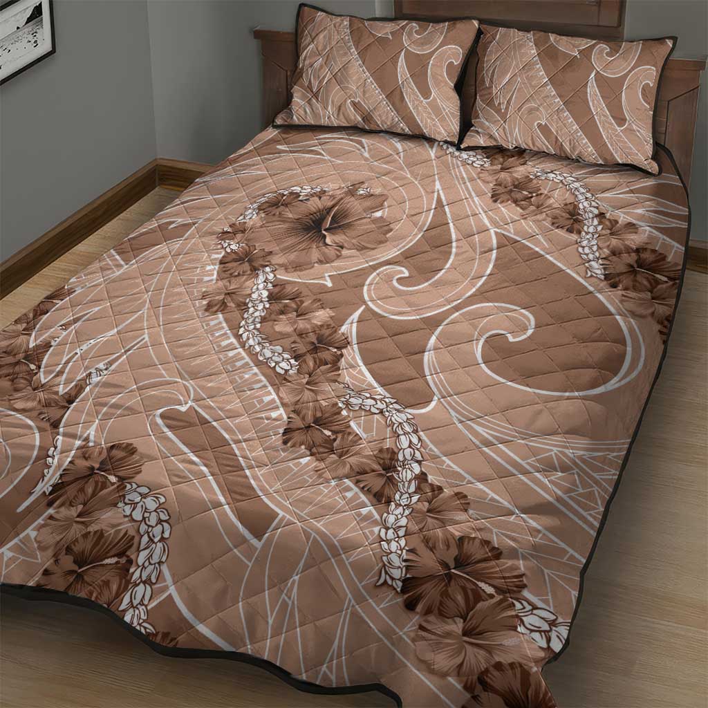 Hawaii Brown Hibiscus Pikake Lei Quilt Bed Set - Polynesian Pride