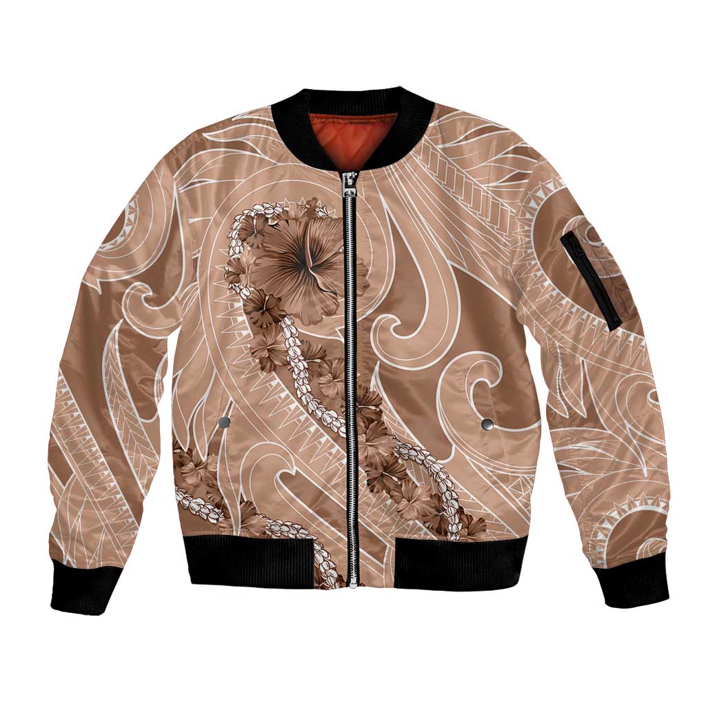 Hawaii Brown Hibiscus Pikake Lei Sleeve Zip Bomber Jacket - Polynesian Pride