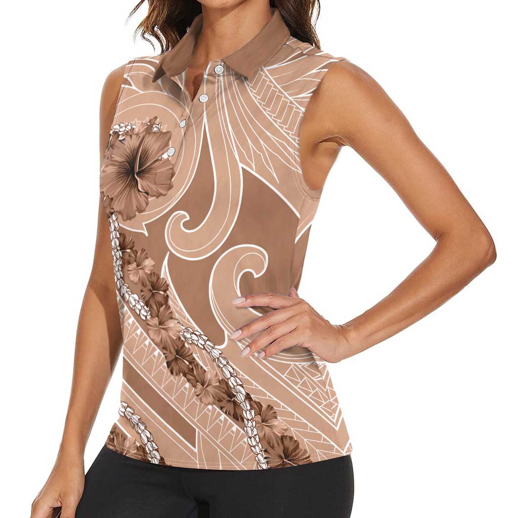 Hawaii Brown Hibiscus Pikake Lei Women Sleeveless Polo Shirt - Polynesian Pride