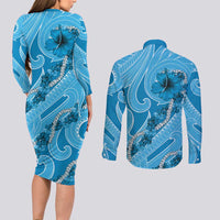 Hawaii Blue Hibiscus Pikake Lei Couples Matching Long Sleeve Bodycon Dress and Long Sleeve Button Shirt - Polynesian Pride