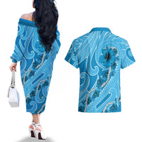 Hawaii Blue Hibiscus Pikake Lei Couples Matching Off The Shoulder Long Sleeve Dress and Hawaiian Shirt - Polynesian Pride