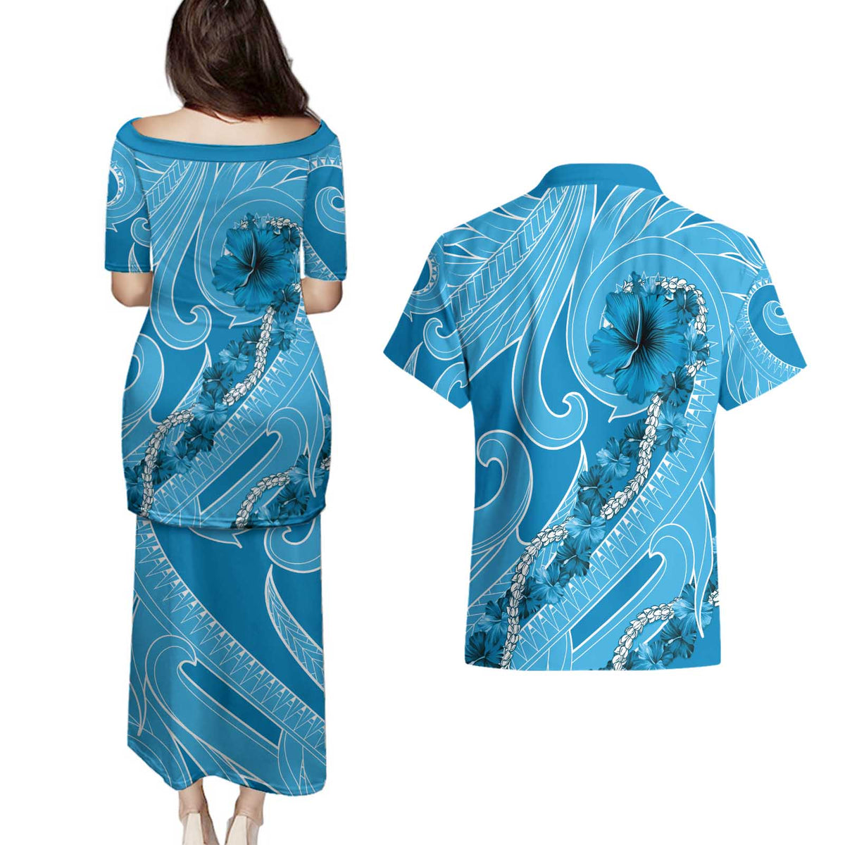 Hawaii Blue Hibiscus Pikake Lei Couples Matching Puletasi and Hawaiian Shirt - Polynesian Pride