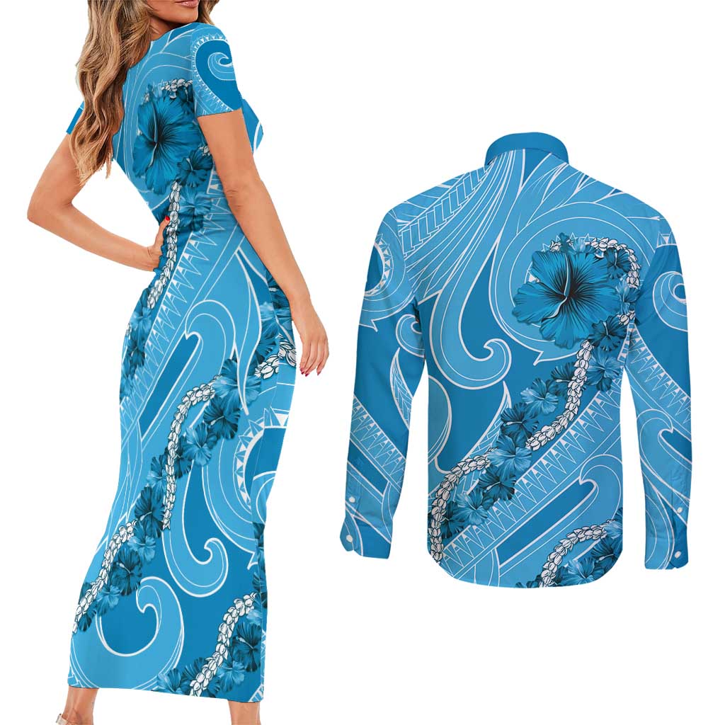 Hawaii Blue Hibiscus Pikake Lei Couples Matching Short Sleeve Bodycon Dress and Long Sleeve Button Shirt - Polynesian Pride