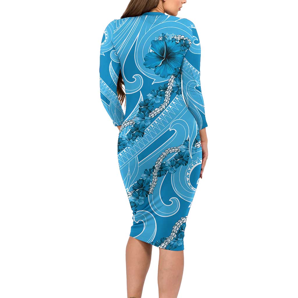 Hawaii Blue Hibiscus Pikake Lei Family Matching Long Sleeve Bodycon Dress and Hawaiian Shirt - Polynesian Pride