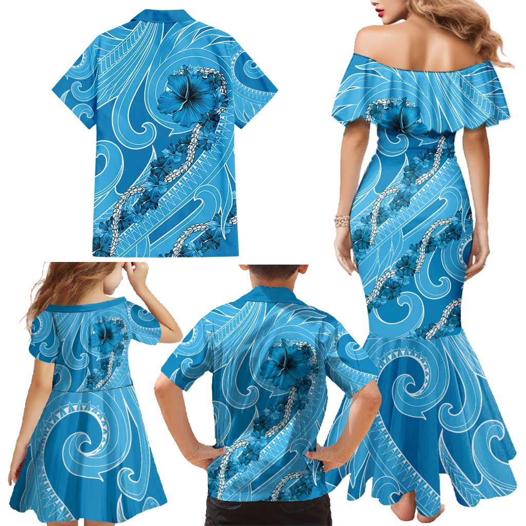 Hawaii Blue Hibiscus Pikake Lei Family Matching Mermaid Dress and Hawaiian Shirt - Polynesian Pride