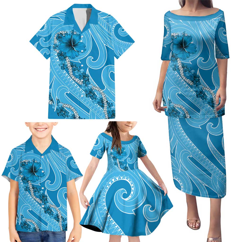 Hawaii Blue Hibiscus Pikake Lei Family Matching Puletasi and Hawaiian Shirt - Polynesian Pride