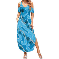 Hawaii Blue Hibiscus Pikake Lei Family Matching Summer Maxi Dress and Hawaiian Shirt - Polynesian Pride