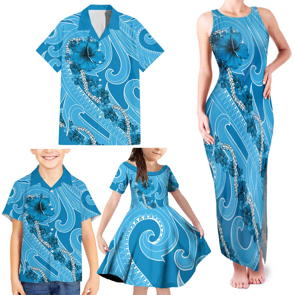 Hawaii Blue Hibiscus Pikake Lei Family Matching Tank Maxi Dress and Hawaiian Shirt - Polynesian Pride