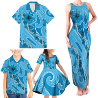Hawaii Blue Hibiscus Pikake Lei Family Matching Tank Maxi Dress and Hawaiian Shirt - Polynesian Pride