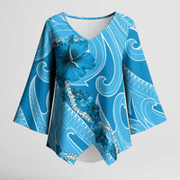Hawaii Blue Hibiscus Pikake Lei Kimono Sleeve Blouse - Polynesian Pride