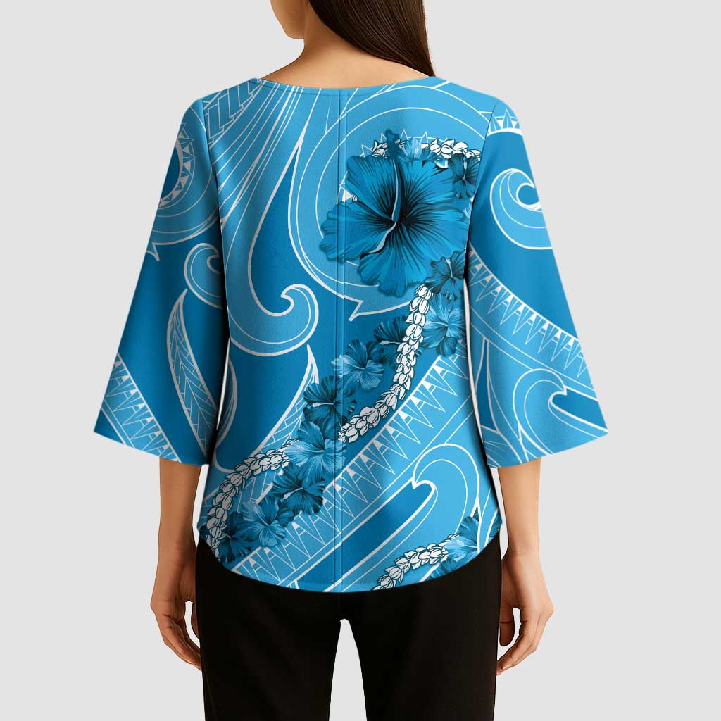 Hawaii Blue Hibiscus Pikake Lei Kimono Sleeve Blouse - Polynesian Pride