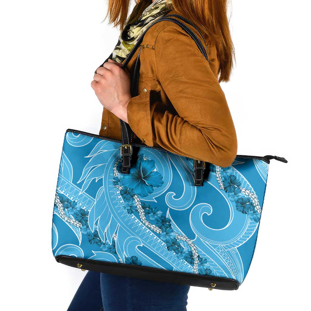 Hawaii Blue Hibiscus Pikake Lei Leather Tote Bag - Polynesian Pride