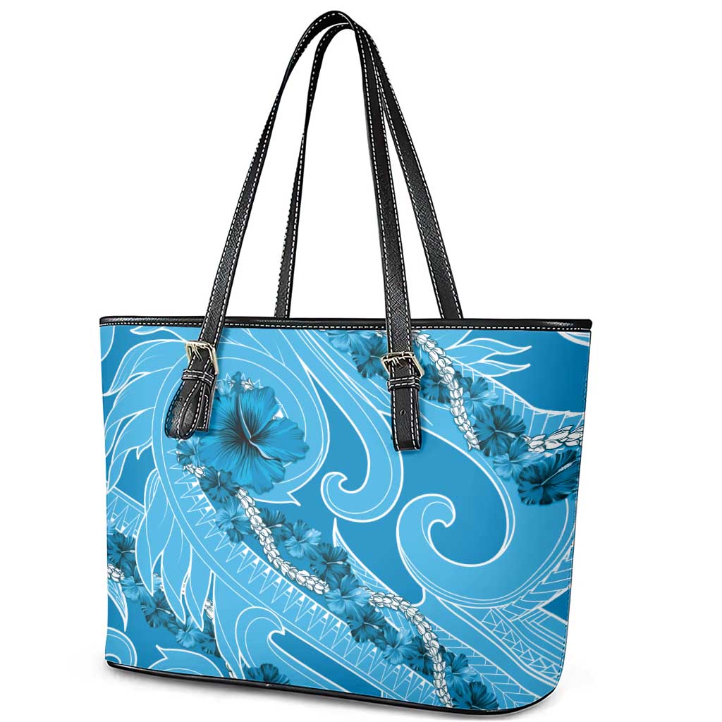 Hawaii Blue Hibiscus Pikake Lei Leather Tote Bag - Polynesian Pride