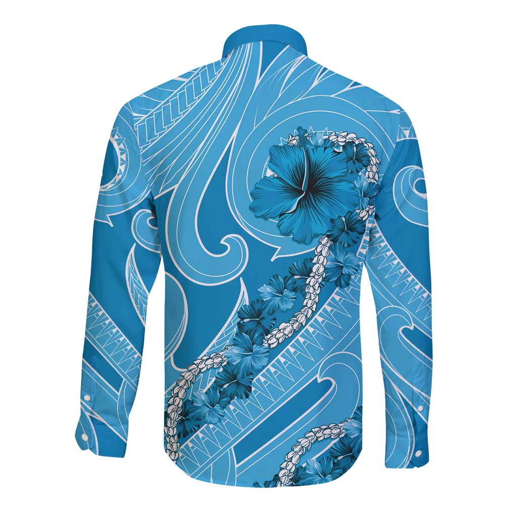 Hawaii Blue Hibiscus Pikake Lei Long Sleeve Button Shirt - Polynesian Pride