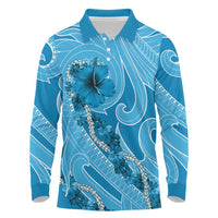 Hawaii Blue Hibiscus Pikake Lei Long Sleeve Polo Shirt - Polynesian Pride