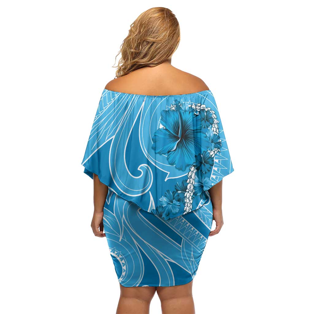 Hawaii Blue Hibiscus Pikake Lei Off Shoulder Short Dress - Polynesian Pride