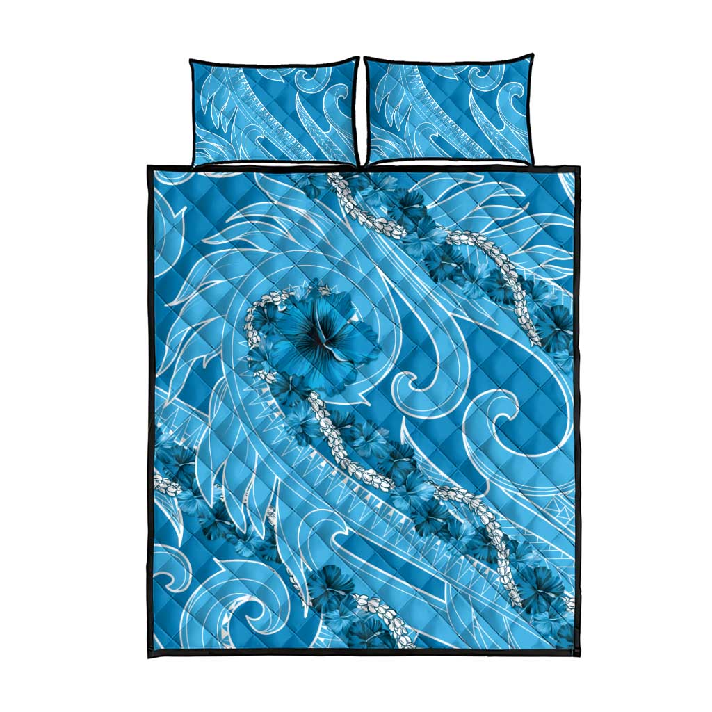 Hawaii Blue Hibiscus Pikake Lei Quilt Bed Set - Polynesian Pride