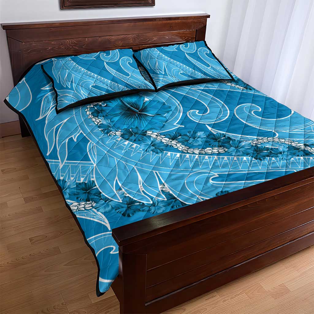 Hawaii Blue Hibiscus Pikake Lei Quilt Bed Set - Polynesian Pride