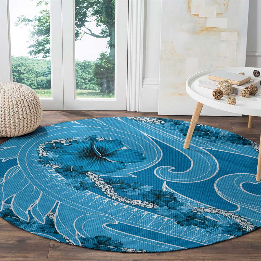 Hawaii Blue Hibiscus Pikake Lei Round Carpet - Polynesian Pride
