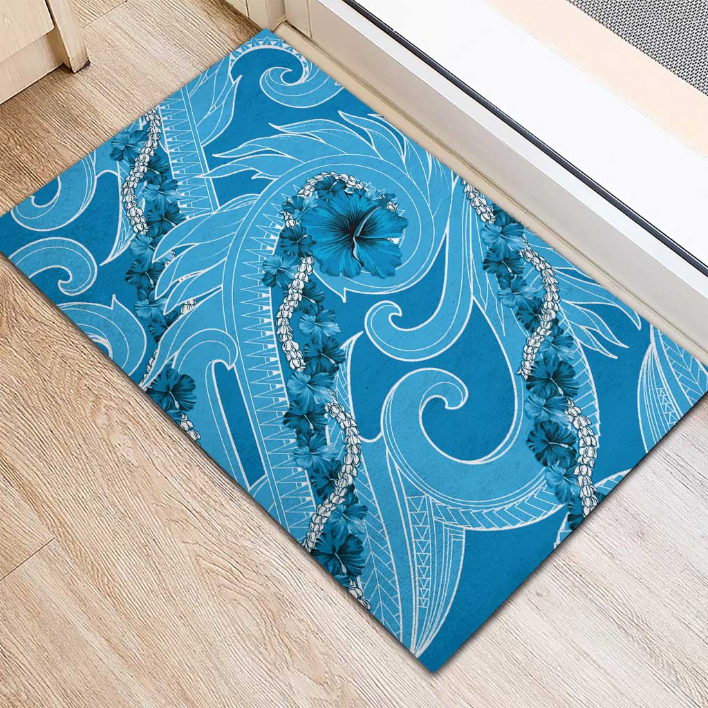 Hawaii Blue Hibiscus Pikake Lei Rubber Doormat - Polynesian Pride