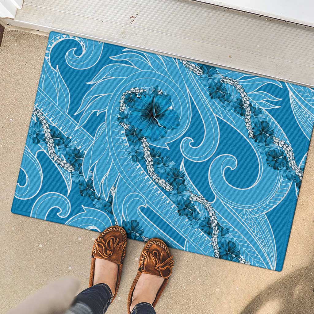 Hawaii Blue Hibiscus Pikake Lei Rubber Doormat - Polynesian Pride