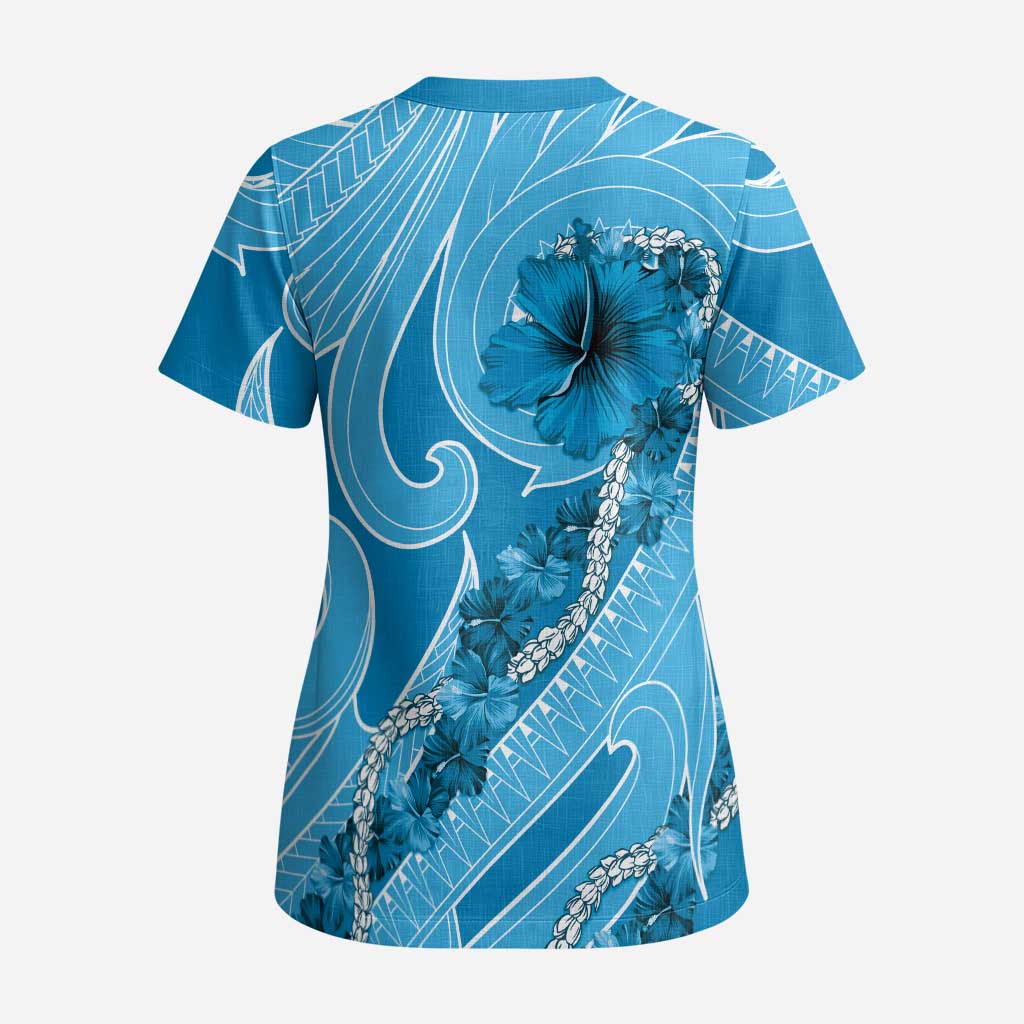 Hawaii Blue Hibiscus Pikake Lei Scrub Top - Polynesian Pride