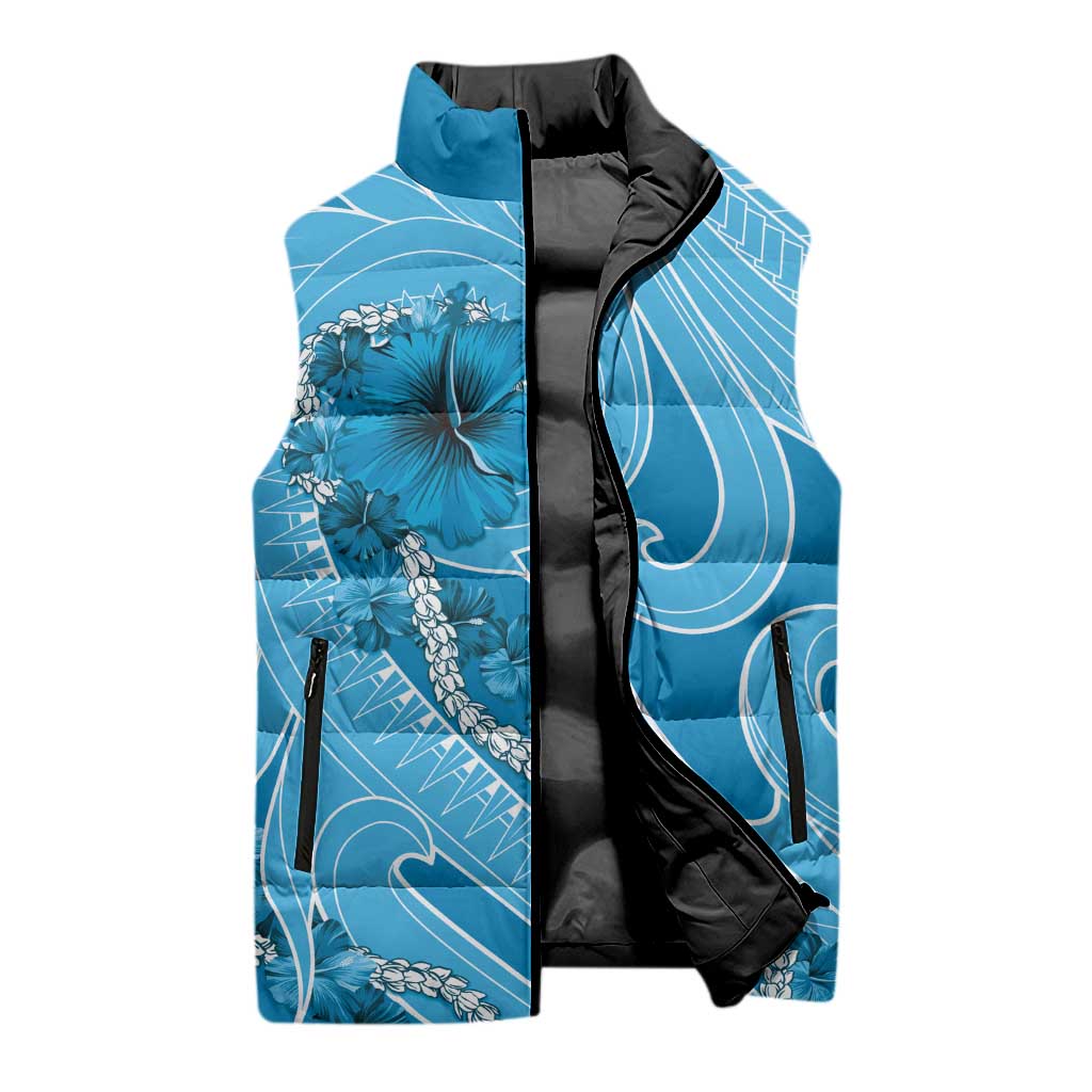 Hawaii Blue Hibiscus Pikake Lei Sleeveless Puffer Jacket - Polynesian Pride