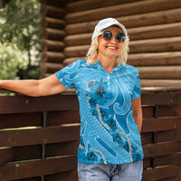 Hawaii Blue Hibiscus Pikake Lei Women Polo Shirt - Polynesian Pride