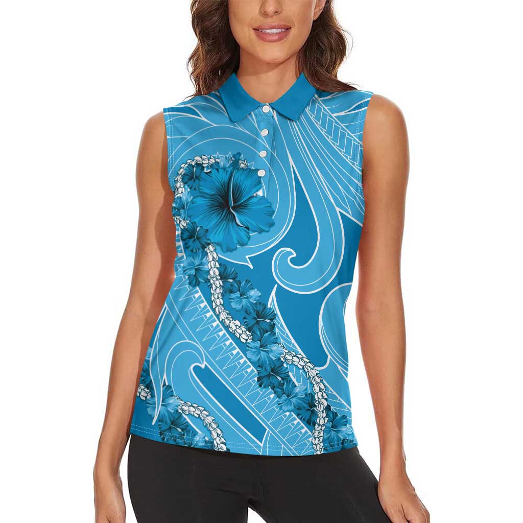 Hawaii Blue Hibiscus Pikake Lei Women Sleeveless Polo Shirt - Polynesian Pride