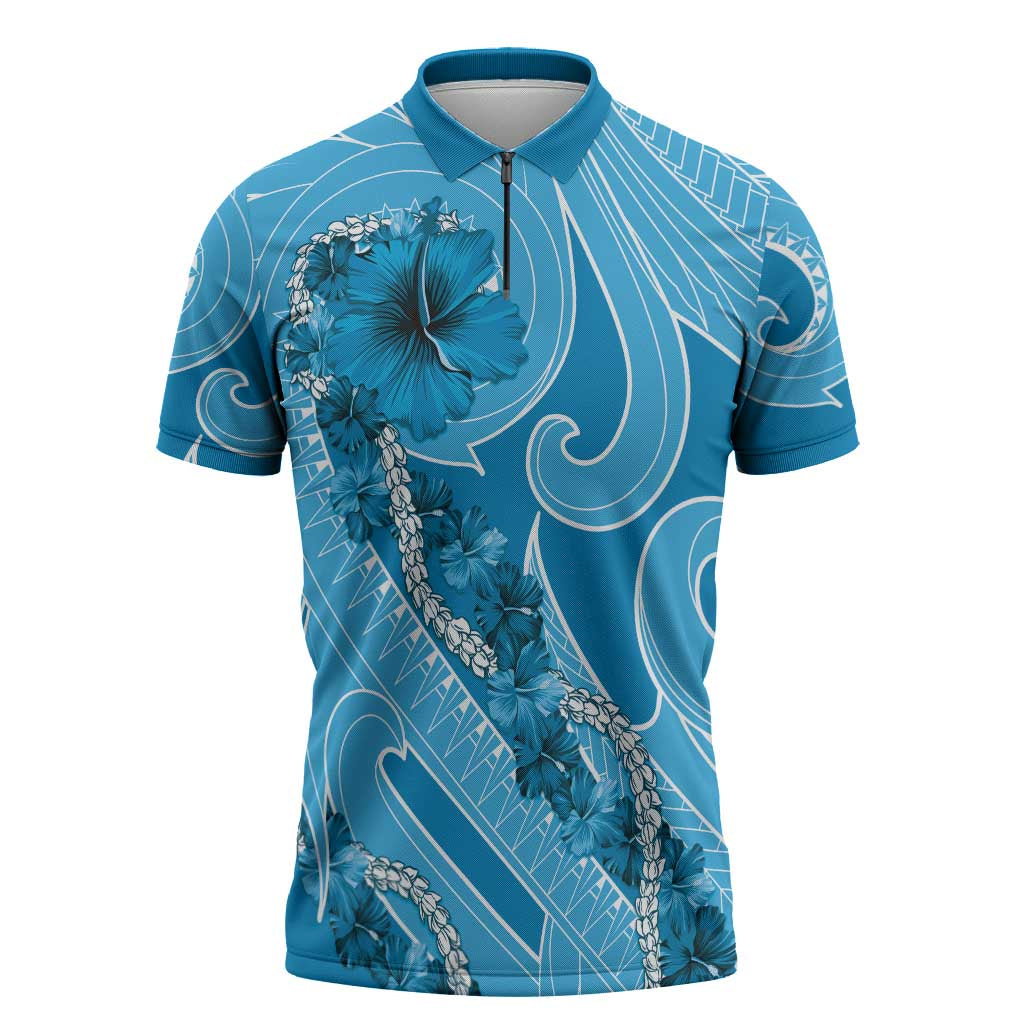 Hawaii Blue Hibiscus Pikake Lei Zipper Polo Shirt - Polynesian Pride