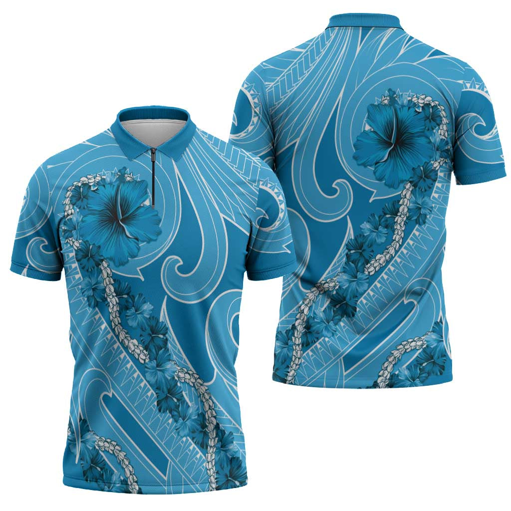Hawaii Blue Hibiscus Pikake Lei Zipper Polo Shirt - Polynesian Pride