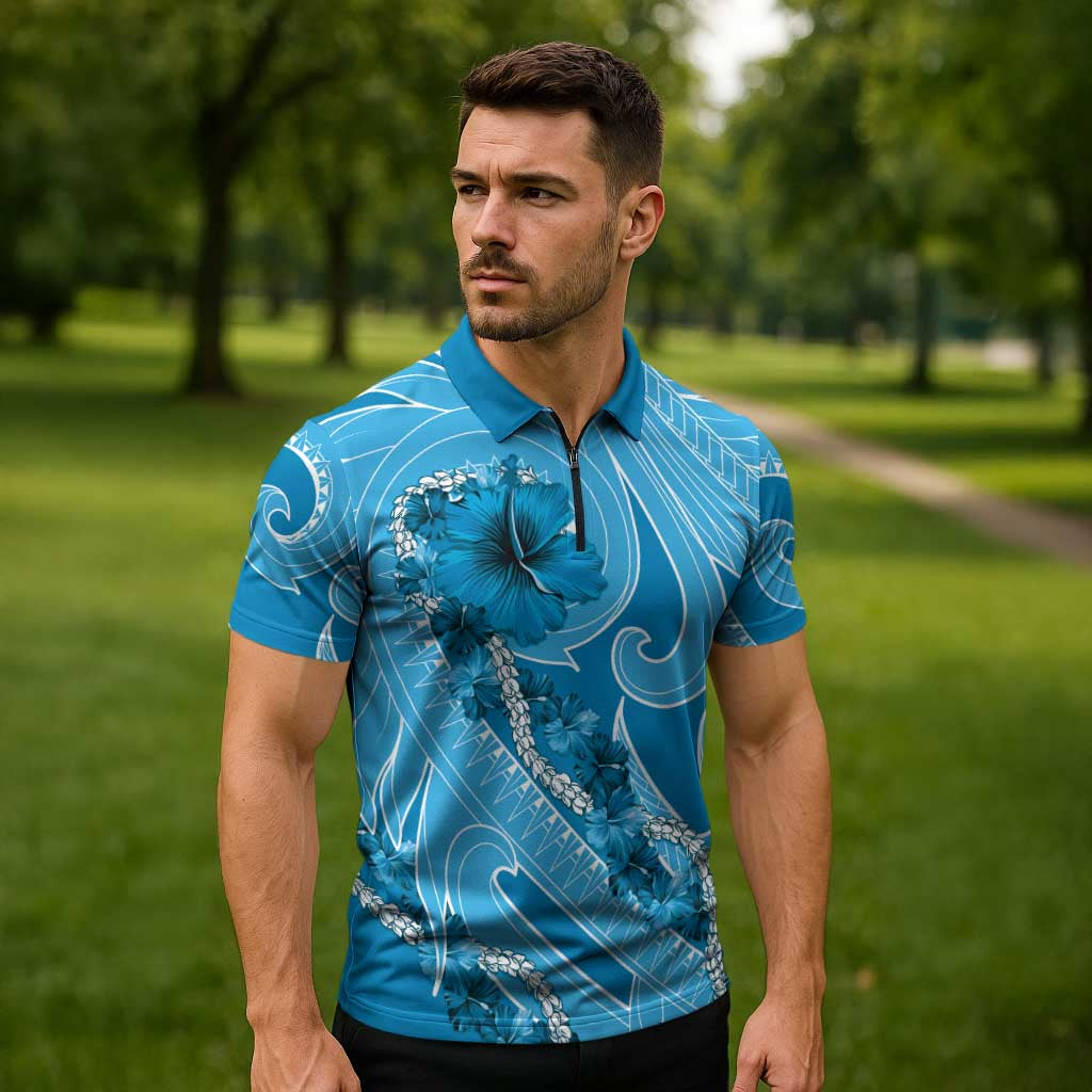 Hawaii Blue Hibiscus Pikake Lei Zipper Polo Shirt - Polynesian Pride