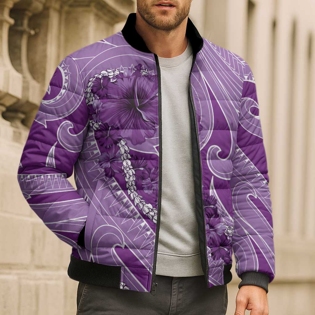 Hawaii Violet Hibiscus Pikake Lei Bomber Puffer Jacket - Polynesian Pride