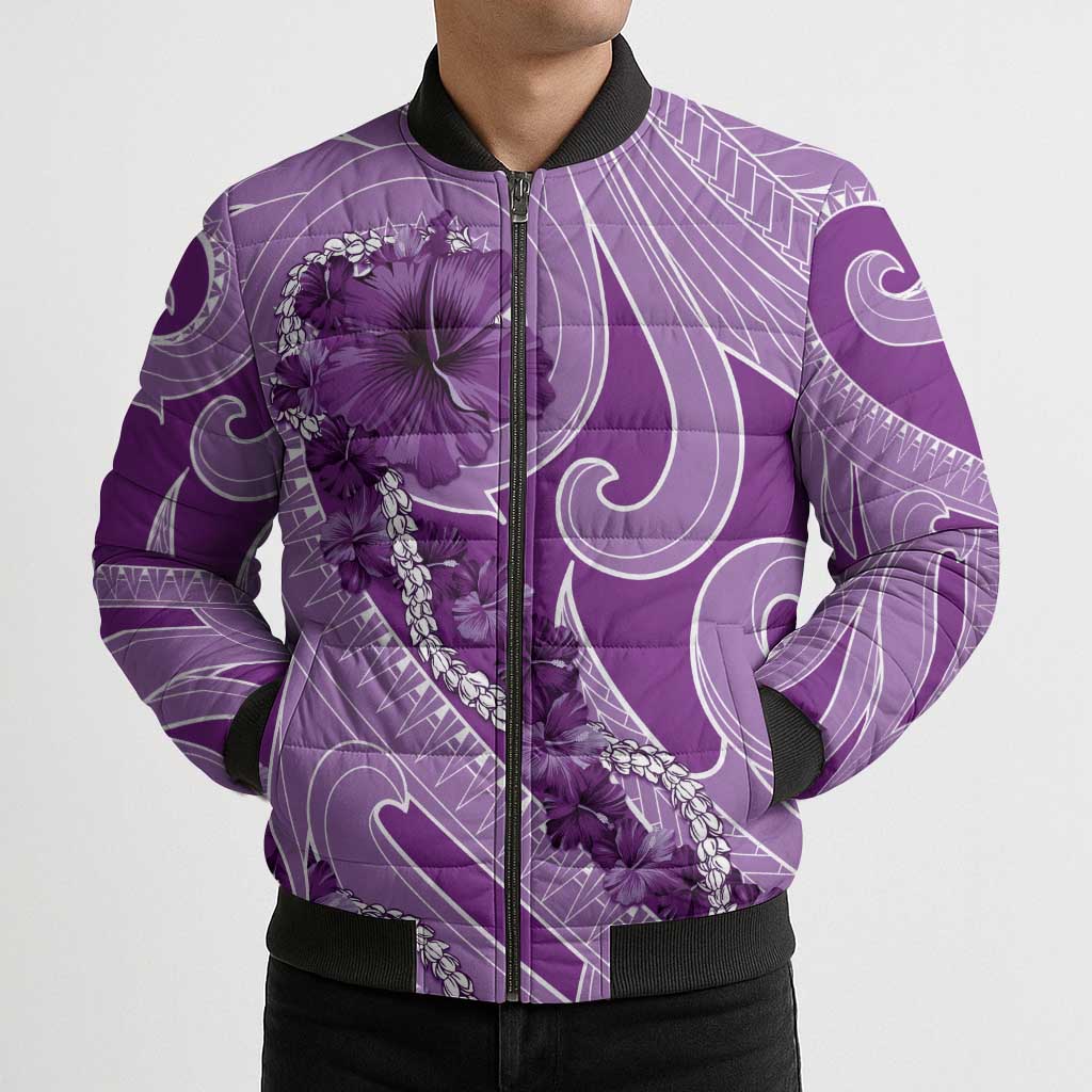 Hawaii Violet Hibiscus Pikake Lei Bomber Puffer Jacket - Polynesian Pride