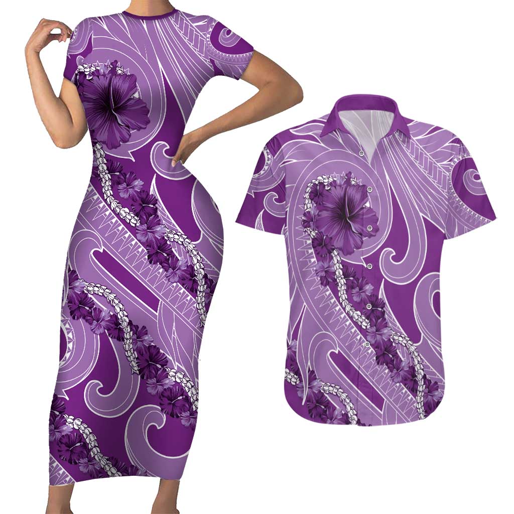 Hawaii Violet Hibiscus Pikake Lei Couples Matching Short Sleeve Bodycon Dress and Hawaiian Shirt - Polynesian Pride
