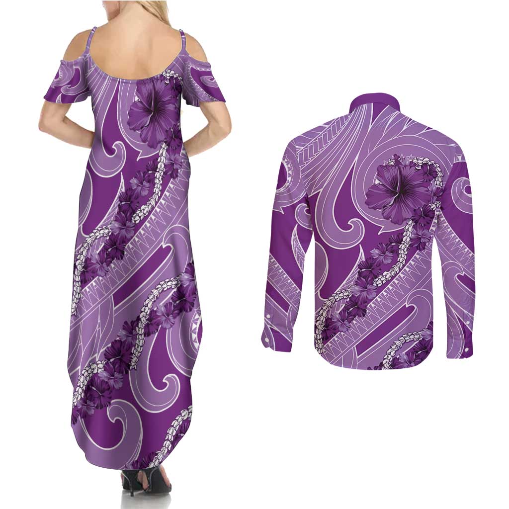 Hawaii Violet Hibiscus Pikake Lei Couples Matching Summer Maxi Dress and Long Sleeve Button Shirt - Polynesian Pride