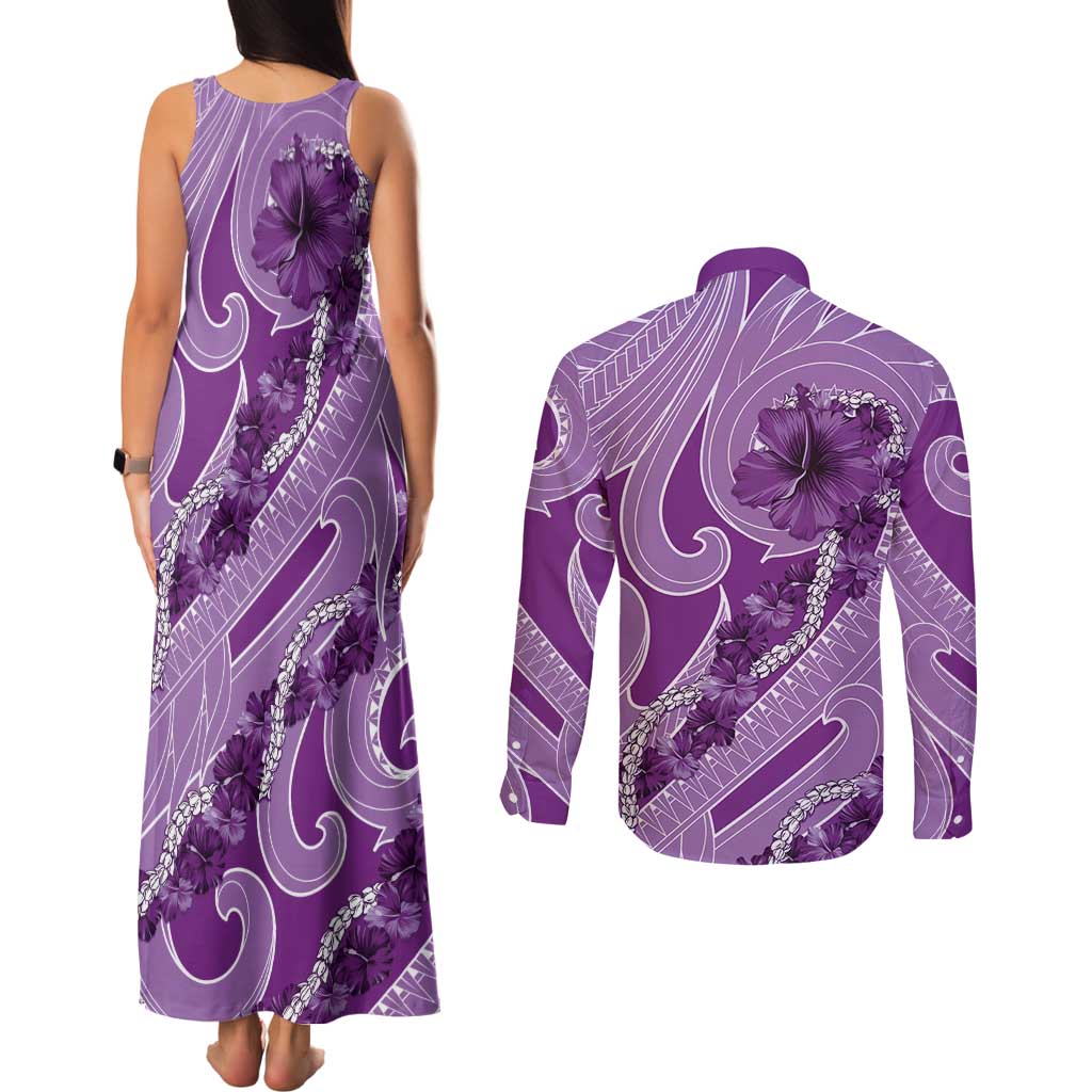 Hawaii Violet Hibiscus Pikake Lei Couples Matching Tank Maxi Dress and Long Sleeve Button Shirt - Polynesian Pride