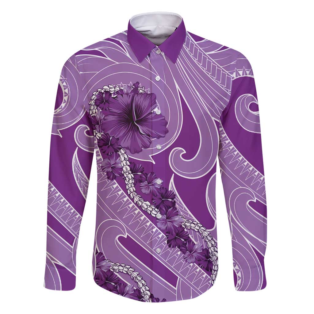 Hawaii Violet Hibiscus Pikake Lei Family Matching Long Sleeve Bodycon Dress and Hawaiian Shirt - Polynesian Pride