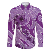 Hawaii Violet Hibiscus Pikake Lei Family Matching Off The Shoulder Long Sleeve Dress and Hawaiian Shirt - Polynesian Pride