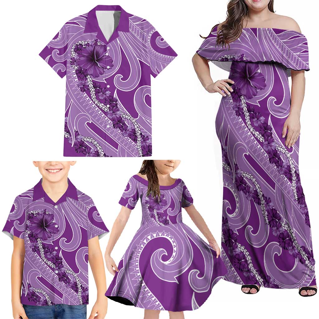 Hawaii Violet Hibiscus Pikake Lei Family Matching Off Shoulder Maxi Dress and Hawaiian Shirt - Polynesian Pride