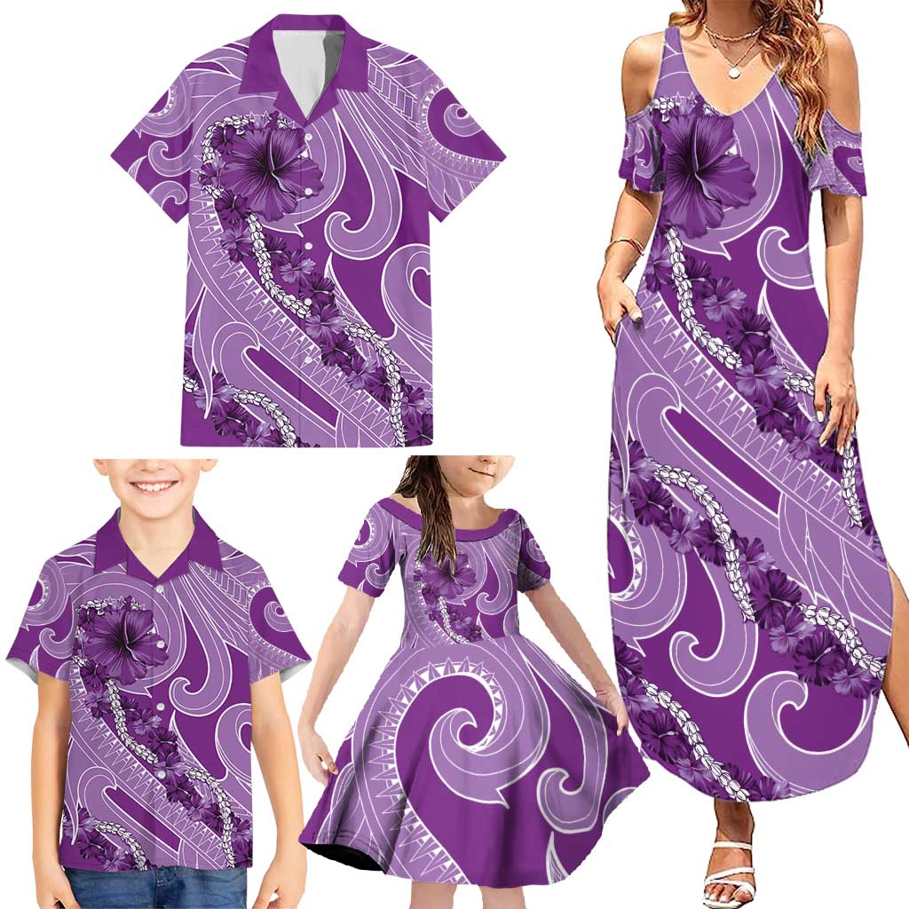 Hawaii Violet Hibiscus Pikake Lei Family Matching Summer Maxi Dress and Hawaiian Shirt - Polynesian Pride