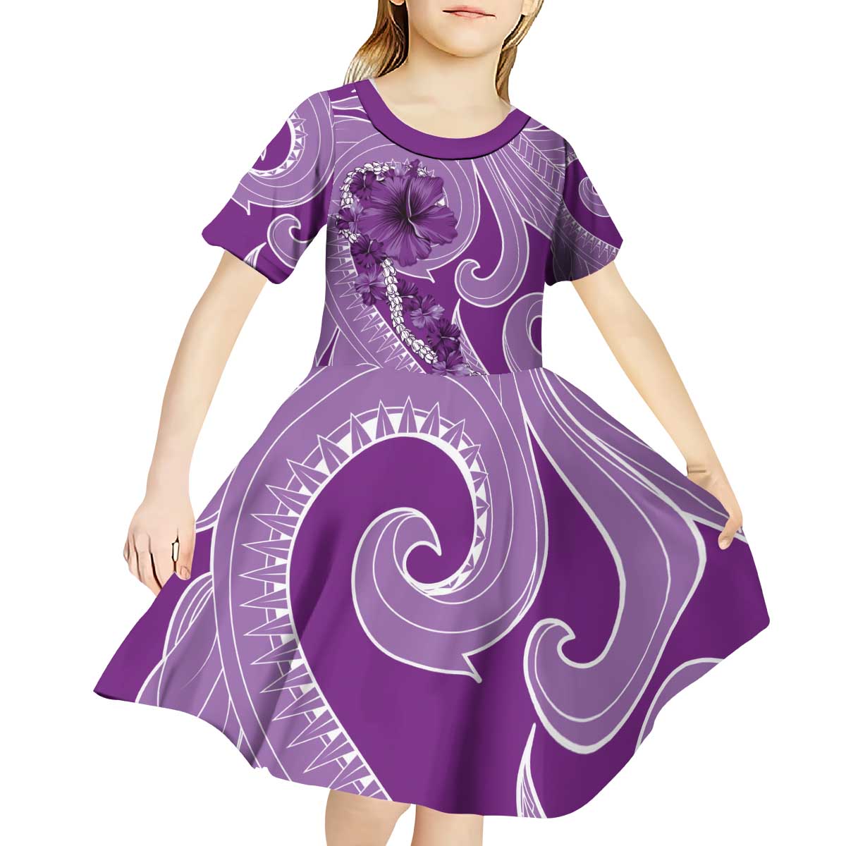 Hawaii Violet Hibiscus Pikake Lei Kid Short Sleeve Dress - Polynesian Pride