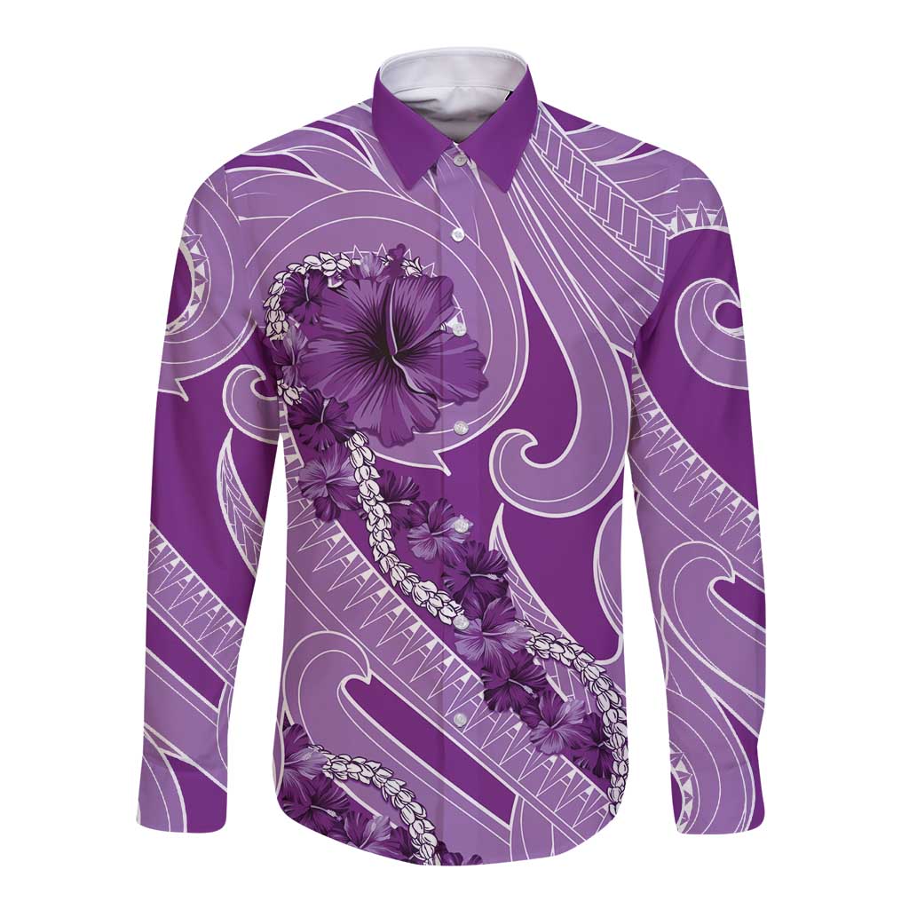 Hawaii Violet Hibiscus Pikake Lei Long Sleeve Button Shirt - Polynesian Pride