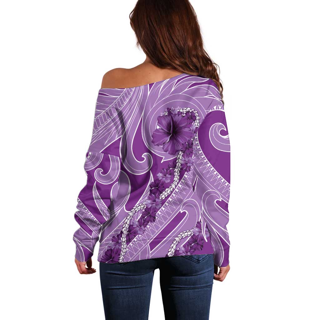 Hawaii Violet Hibiscus Pikake Lei Off Shoulder Sweater - Polynesian Pride