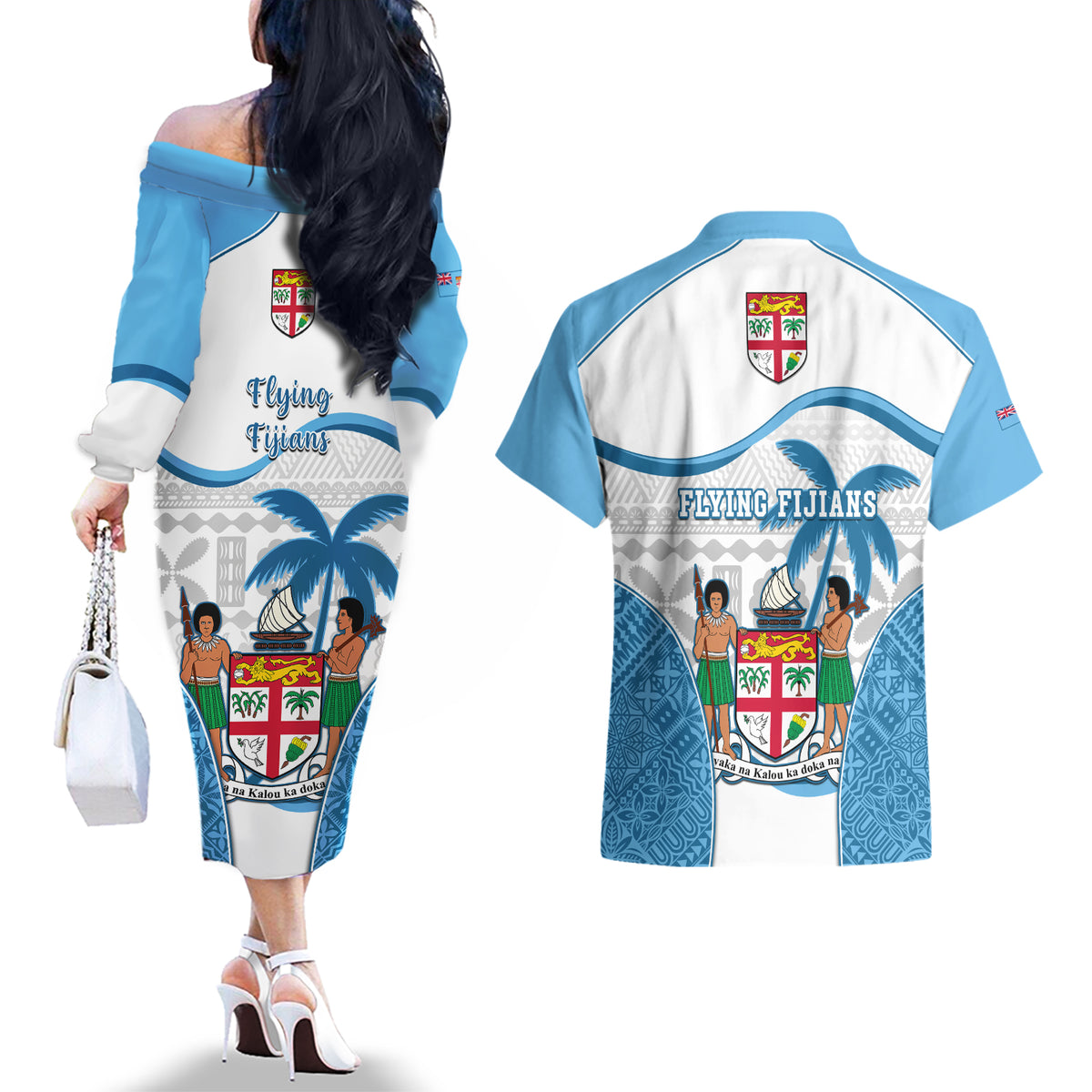 Fiji Rugby Couples Matching Off The Shoulder Long Sleeve Dress and Hawaiian Shirt World Cup 2023 Fijian Tapa Pattern Blue Version LT05 - Polynesian Pride